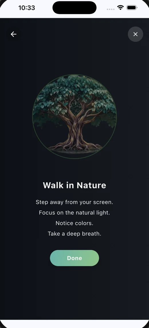 Grace on iPhone showing a Walk in Nature mindful activity